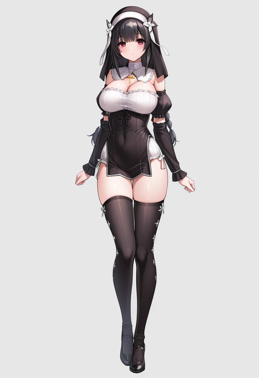 <lora:Rabiane_Sinisistar_-_IL-000025:0.8> masterpiece, best quality, very aesthetic, 1girl, Rabiane, nun, habit, black thighhighs, cross necklace, standing, full body, red eyes, black hair, large breasts, simple background,