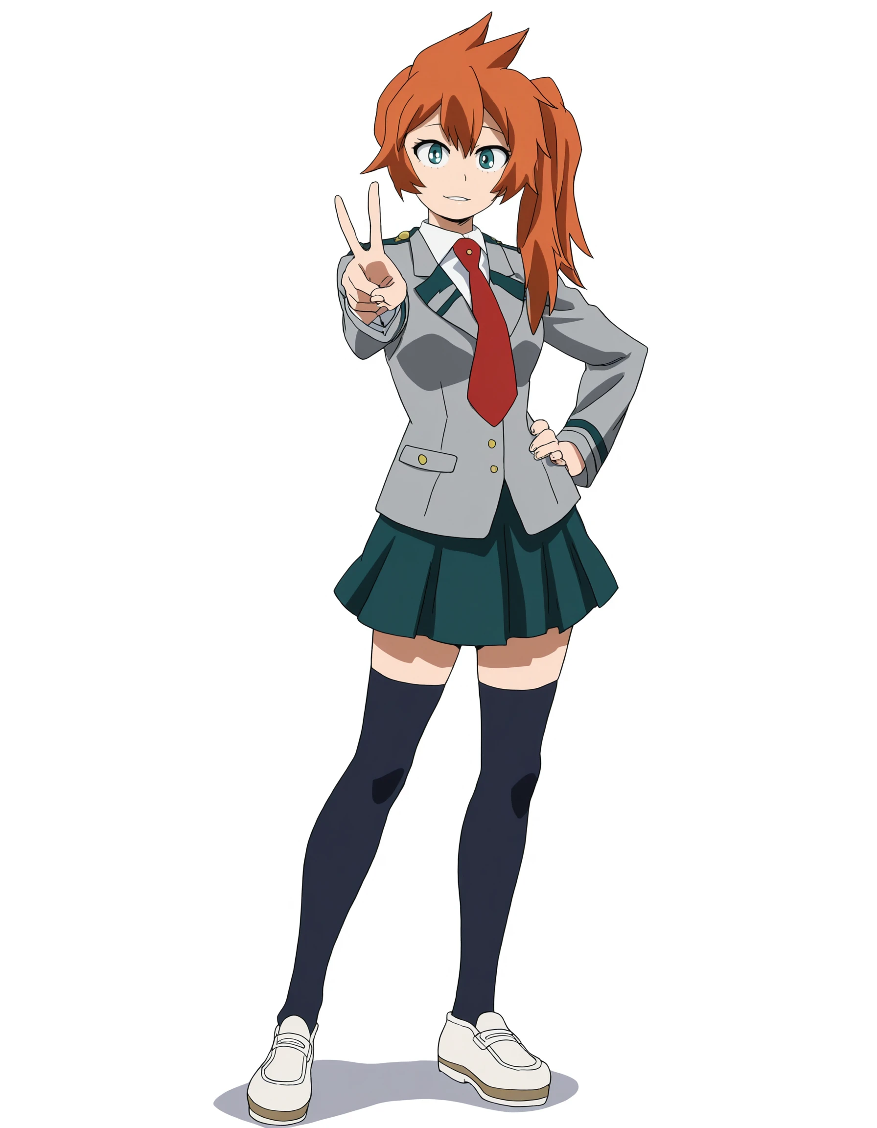 solo, full body, perfect composition, shadows, shading, <lora:anime_screencap-Illustrious:0.65> anime screencap, anime coloring, very aesthetic, absurdres, zPDXL, <lora:Pony_DetailV2.0:0.5> <lora:illustrious_quality_modifiers_masterpieces_v1:1>
<lora:ItsukaK:1> 1tsuk2, 1girl, aqua eyes, side ponytail, orange hair, female focus, looking at viewer, smile, defined lips, standing, posing, hand on hip, peace sign,
u.a. school uniform, collared shirt, red necktie, grey blazer, dark_green skirt, thighhighs, shoes,
white background, simple background,