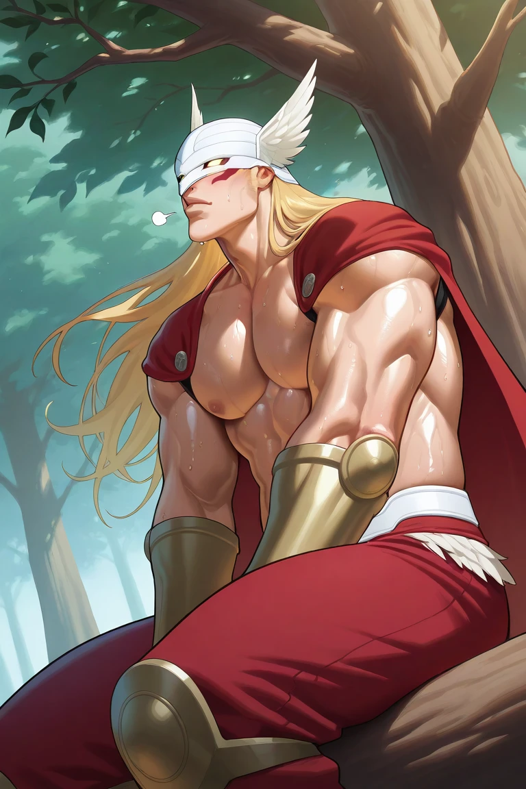 realistic shading, sidelighting, male with blank eyes focus, expressive cute happy face, gerardblch, blonde_gerardblch_long hair, white-yellow_gerardblch_winged helmet, yellow_gerardblch_glowing eyes, black_gerardblch_vine-leaf circlet, red_gerardblch_facepaint, 1boy, looking away, whistling, slight blush, shiny skin, wet, sweatdrop, sweating, sitting on tree branch, red clothes, feathered outfit, cowboy shot, day outdoors, surreal, symbolic background, shadow, foreshortening, dutch angle, dynamic angle, dynamic action, atmospheric perspective, cinematic, intricately detailed illustration, depth of field, masterpiece, best quality, amazing quality, very aesthetic, absurdres, newest, anime screencap