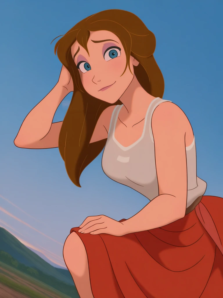 (anime screencap:1.2), background,
1girl, medium breasts, (JaneXL:1.1), long hair, brown hair, blue eyes, sleeveless shirt, white tank top, red skirt, makeup,
light smile, dutch angle, shy pose, hand on knees, looking at viewer, blue sky, outdoors, daylight, portrait, dynamic pose, cowboy shot, from side, one hand on hair,
<lora:JanePorterXL_Character:1>