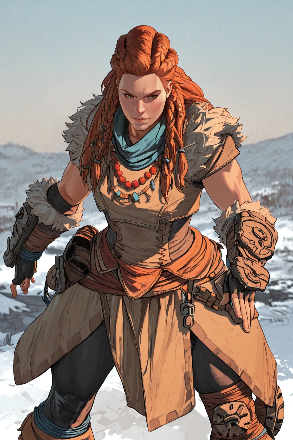 masterpiece, good quality, best quality, very awa, very as2, absurdres, highres
<lora:AloyilluLoRA:1>aly, long hair, multiple braids, freckles, hair ornament, scarf, top, fur trim, necklace, bracer, skirt, pants, single knee pad, boots