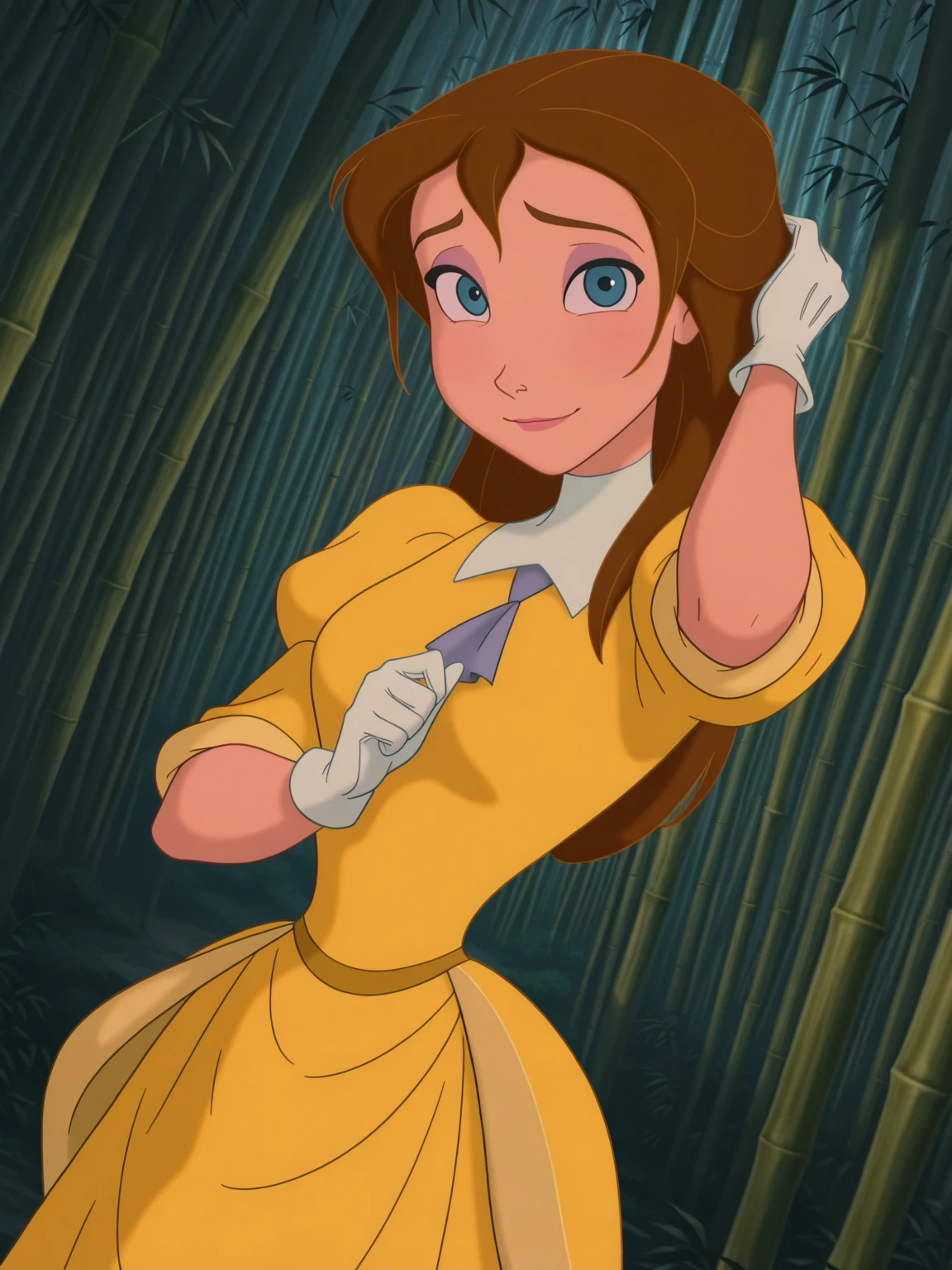 (anime screencap:1.2), background,
1girl, medium breasts, (JaneXL:1.1), long hair, brown hair, blue eyes, yellow dress, puffy sleeves, white gloves, skirt, makeup,
light smile, dutch angle, shy pose, shy, looking at viewer, bamboo forest, nature, daylight, portrait, dynamic pose, cowboy shot, from side, one hand on hair,
<lora:JanePorterXL_Character:1>