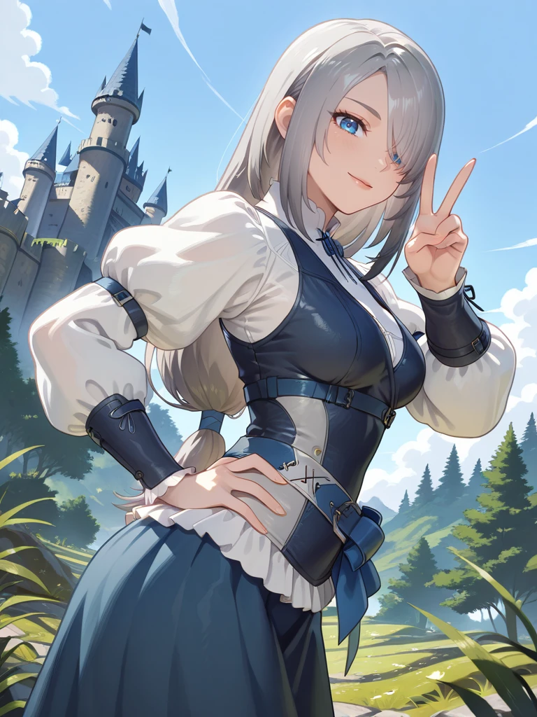 1girl, medium breasts, (JillXL:1.1), white shirt, vest, dress, skirt, long sleeves, puffy sleeves, blue eyes, grey hair, long hair, gloves, one eye covered,
light smile, dutch angle, sexy pose, looking at viewer, skirt lift, blue sky, clouds, castle behind, vegetation, daylight, dynamic pose, cowboy shot, leaning forward, v, one hand on hips, from side,
<lora:AjillWarrick_character:0.7>  <lora:[Kajin-man] Artist Style IllustriousXL:1>