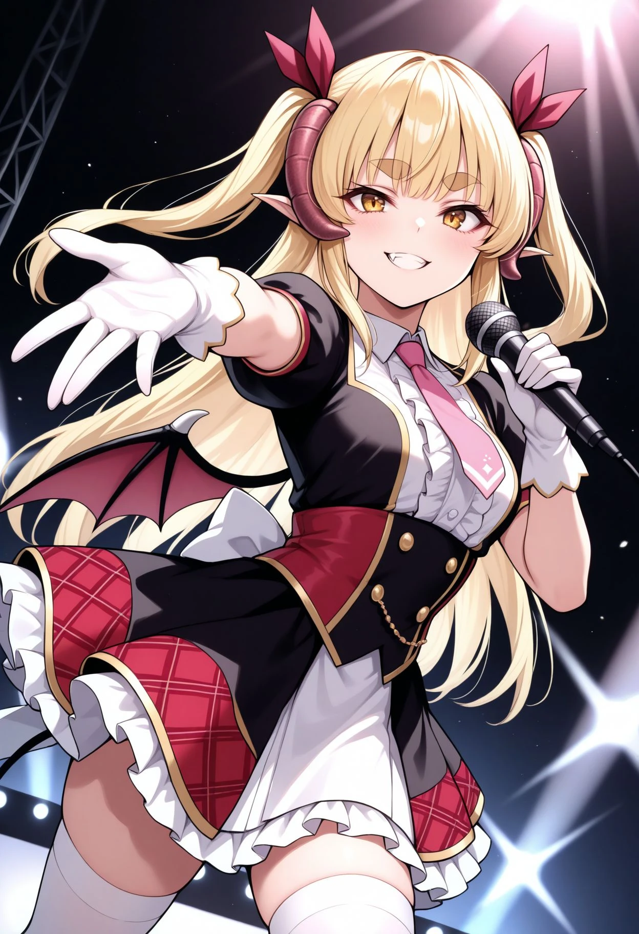 masterpiece,best quality,absurdres,highres,very aesthetic,high quality,detailed,insanely detailed,beautiful,perfect lighting,
<lora:Lily illu v2:0.8> 1girl, blonde hair, long hair, two side up, pointy ears, demon horns, demon girl, thick eyebrows, demon wings, fang out,
smile, open mouth, teeth, looking at viewer, singing, holding microphone, outstretched arm, twintails, hair ornament, idol clothes, two-tone dress, red dress, black dress, center frills, pink necktie, puffy short sleeves, white gloves, white thighhighs, stage, stage lights, spotlight