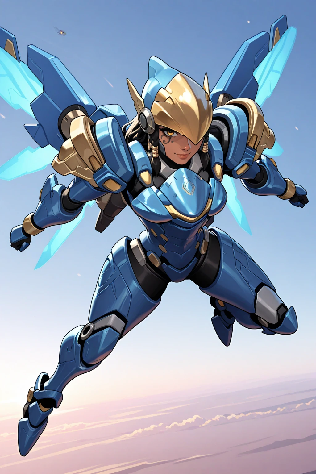masterpiece, good quality, best quality, very awa, very as2, absurdres, highres,
<lora:PharahilluLoRA:1> phrah, hair tubes, facial tattoo, side braids, power armor, golden helmet, jetpack, thrusters, mechanical wings, flying, smile