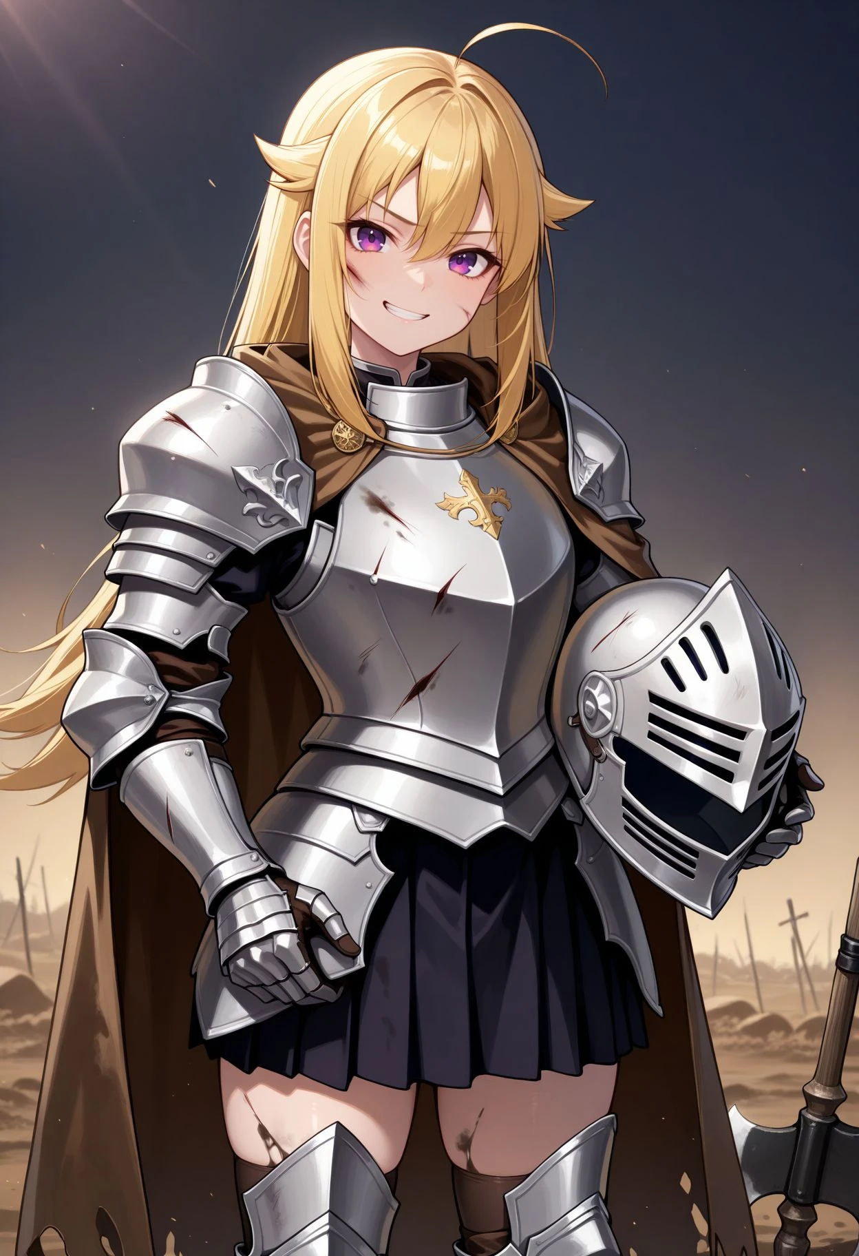 masterpiece,best quality,absurdres,highres,very aesthetic,high quality,detailed,insanely detailed,beautiful,perfect lighting, 1girl,solo, smile, standing, grin, simple background,
battlefield background, gloves, clenched teeth, brown cloak, looking at viewer, simple background, hair between eyes, upper body, cape, injury outdoor, mud, holding, armor, armored boots, boots, breastplate, gauntlets, greaves, helmet, helmet removed, holding helmet, holding axe, holding weapon, knight, long hair, plate armor, shoulder armor, skirt, smile, solo, standing, , thighhighs, weapon 1girl, ahoge, blonde hair, purple eyes, hair flaps, long hair, <lora:Koshi Torako illu:1>