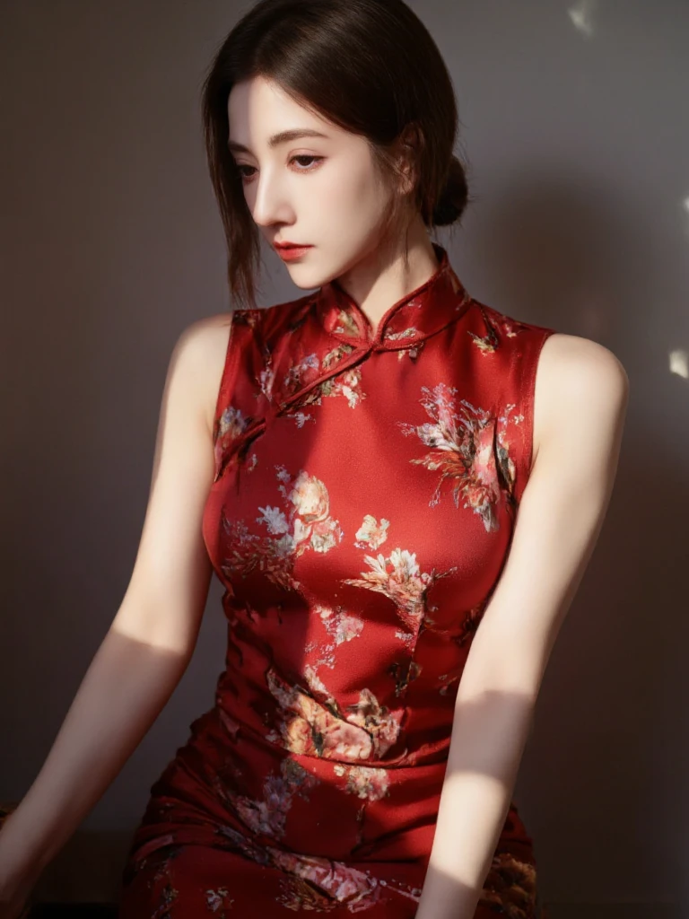 There are wonderful studio lights and various reflections,
chinese girl her face is very delicate,blushing and female orgasm,the sidelight outlines her sexy body curves,skin naturally showing the texture of blood vessels and detailed pale skin,
<lora:cheongsam_f1_rank4_bf16:1>,she wearing red cheongsam with floral print,<lora:naran_f1_epoch_16:1>,
<lora:Synesthesia:0.5>,<lora:flux_realism_lora:0.6>,