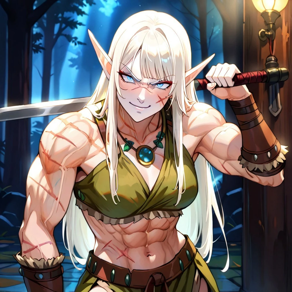 masterpiece, best quality, newest, absurdres, highres, anime, anime style, Muscule-Mommy-IL-V1.0, 1girl, muscular, muscular female, mature and imposing, 30 years old, beautiful, elf, dramatic lights, white hair, (long hair:1.3), side bangs, barbarian, gladiator, white skin, white colored skin, albino, albino skin, muscular, athletic, scars, (smug:0.85), medium brests, blue eyes, mature, scars, scar on face, angry, annoyed, toned, muscular woman,