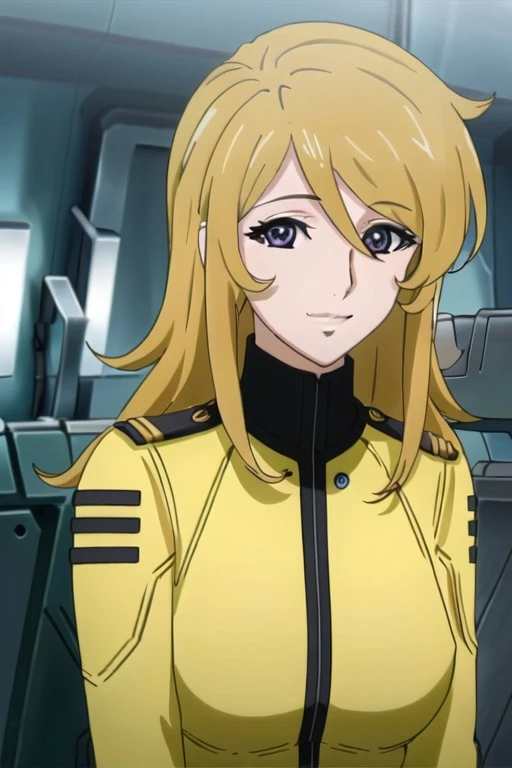 (masterpiece),mori yuki, dirty-blonde hair, long hair, purple eyes, 1girl, solo, uniform, smile, military, yellow jacket, hair between eyes, military uniform, looking at viewer, upper body, jacket