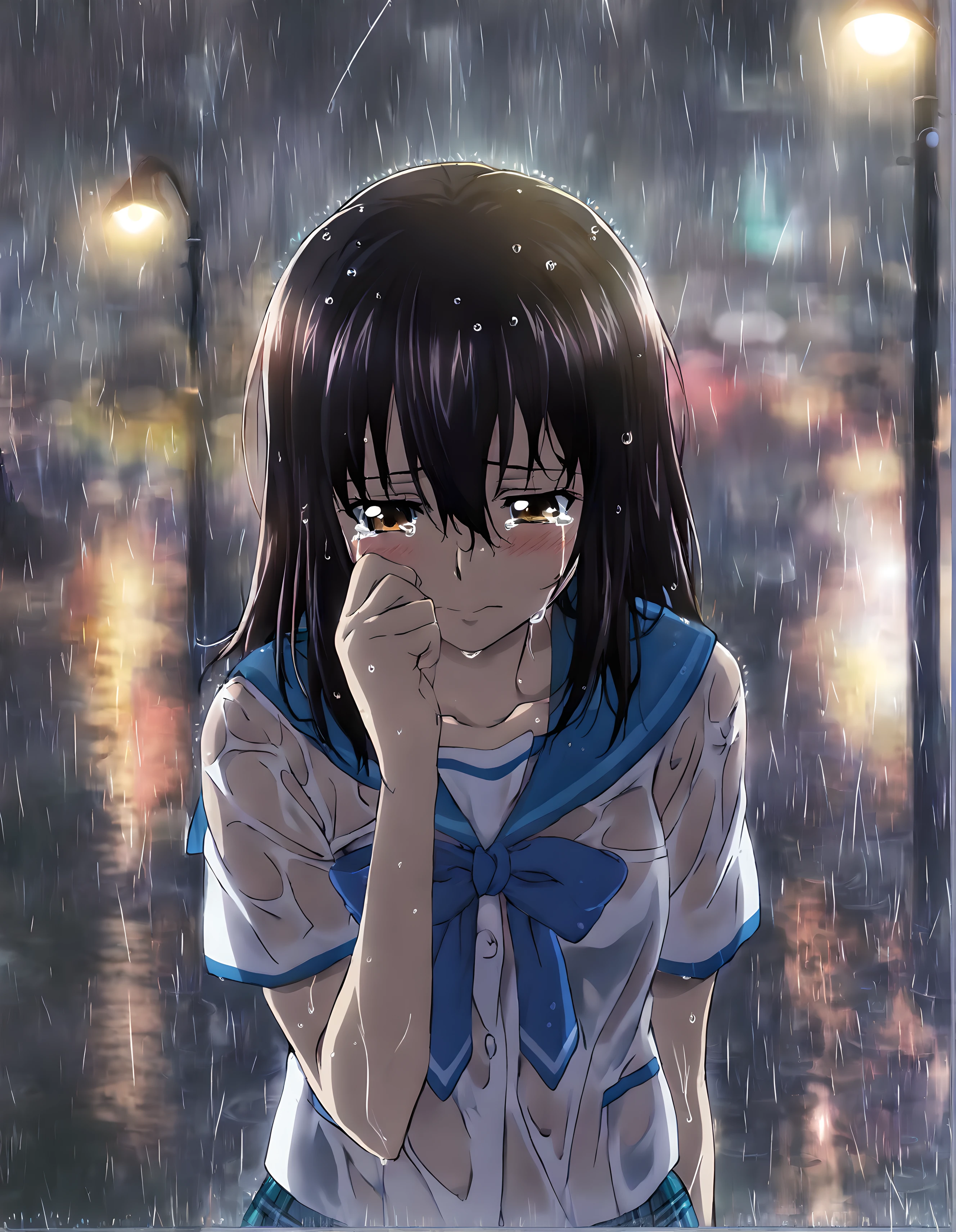 <lora:illustrious_XL_yukina_v2:0.8>,yukina,masterpiece,best quality,good quality,1girl,solo,rain,school_uniform,serafuku,blue mini skirt,plaid_skirt,rain,street lamp,reflection of light,wet_hair,standing,hand_on_own_,wipe the tears with your hands,arm_at_side,upper_body,i'm going down,sad,crying,streaming_tears,light_blush,