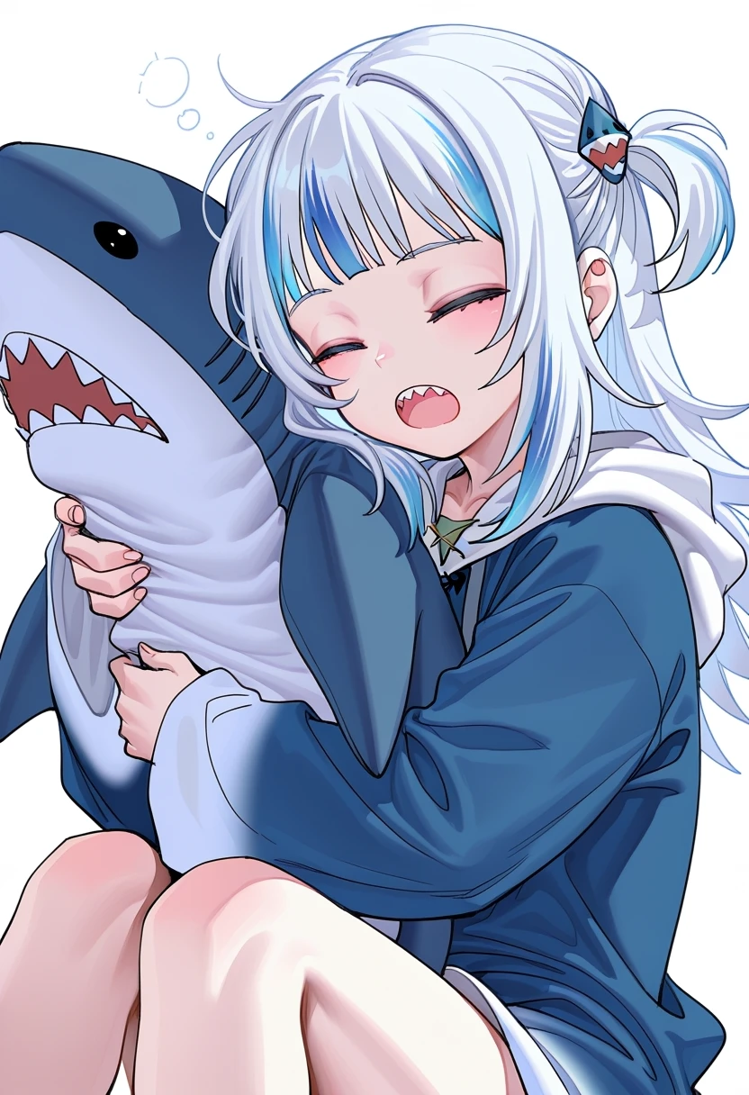 nat_the_lich, fkey, bow_\(bhp\\,
gawr gura, 1girl, blue hair, blue hoodie, blunt bangs, closed eyes, colored inner hair, hair ornament, holding, holding stuffed toy, hood, hood down, hoodie, knees up, long hair, multicolored hair, one side up, open mouth, shark hair ornament, sharp teeth, sidelocks, simple background, sitting, solo, stuffed animal, stuffed shark, stuffed toy, teeth, two-tone hair, upper teeth only, virtual youtuber, waking up, white background, white hair, hololive, hololive english