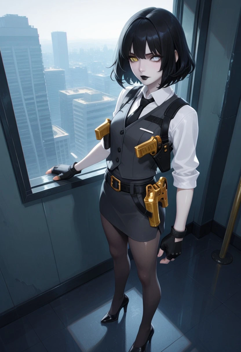 absurdres, masterpiece, best quality, very aesthetic, HDR, 8K, ultra-detailed, anime, 748cmstyle, standing, from above,
1girl, MarigoldFO, solo, black hair, heterochromia, yellow eyes, white eyes, short hair, black lips, lipstick, makeup, pale skin, necktie, dark grey vest, white shirt, fingerless gloves, black gloves, belt, dark grey skirt, pantyhose, high heels, shoulder holster, holstered weapon, gun, skindentation, shiny skin, (skinny),