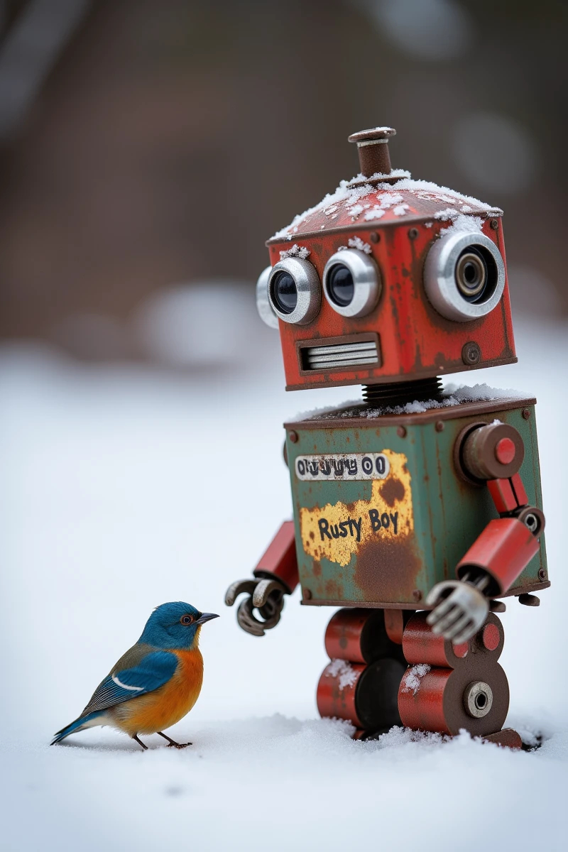Rust_Decay,Enhanced_Lighting_and_Textures,The image features a small,vibrant bird with blue and orange plumage standing in the snow,facing a toy robot. The robot,showing signs of wear and rust,is painted in red and green with the text "Rusty Boy" visible on its body. It has large,round eyes and appears to be an old,possibly token,abandoned in the snow. The contrast between the inanimate is striking. The background is out of focus,emphasizing the interaction between the two subjects. The snow covers the ground and parts of the robot,suggesting a cold,setting. The overall is one of quiet curiosity,as the robot seems to be inspecting with interacting or,creating a whimsical scene that blends nature with remnants of childhood.,