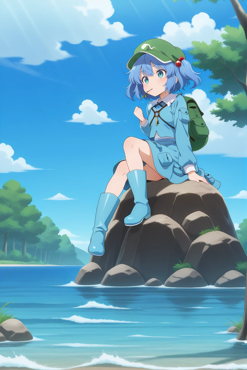 absurdres, highres, masterpiece, best quality, amazing quality, official anime artwork, screencap, anime screencap, outdoors, dynamic pose,
<lora:Nitori-Kawashiro_Illustrious:1> kawashiro nitori, 1girl, solo, aqua eyes, blue hair, short hair, two side up, twintails, hair bobbles,, key, green headwear, flat cap, long sleeves, backpack, blue shirt, blue skirt, skirt set, blue footwear, rubber boots, pocket,
nature, water, rock, sitting, on a rock, sea, tree, day, branch, branch of grass in mouth,
