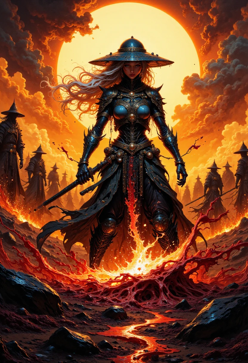 Create an action scene featuring a female desolate outworn wired mechanical buxom ninja in a broad outworn sedge hat, standing in the midst of an nightly bloody Battlefield in feudal Japan. Long White Hair, She is executing a powerful colorful sword slash strike that carves a furrow through the bloody warfare on the ground, scattering them away or disintegrating them with the force of the blow. Splashes of liquid and Mist, The ninja's stance is calm and cool, with only his silhouette visible against the backdrop of the setting sun, which shines through parts of his old desolate metallic body. His billowing Linen cape adding to the dramatic effect. The scene is vibrant with atmospheric lighting and cinematic composition. <lora:FluxColorfulArtV1:1> C0lorful4rt