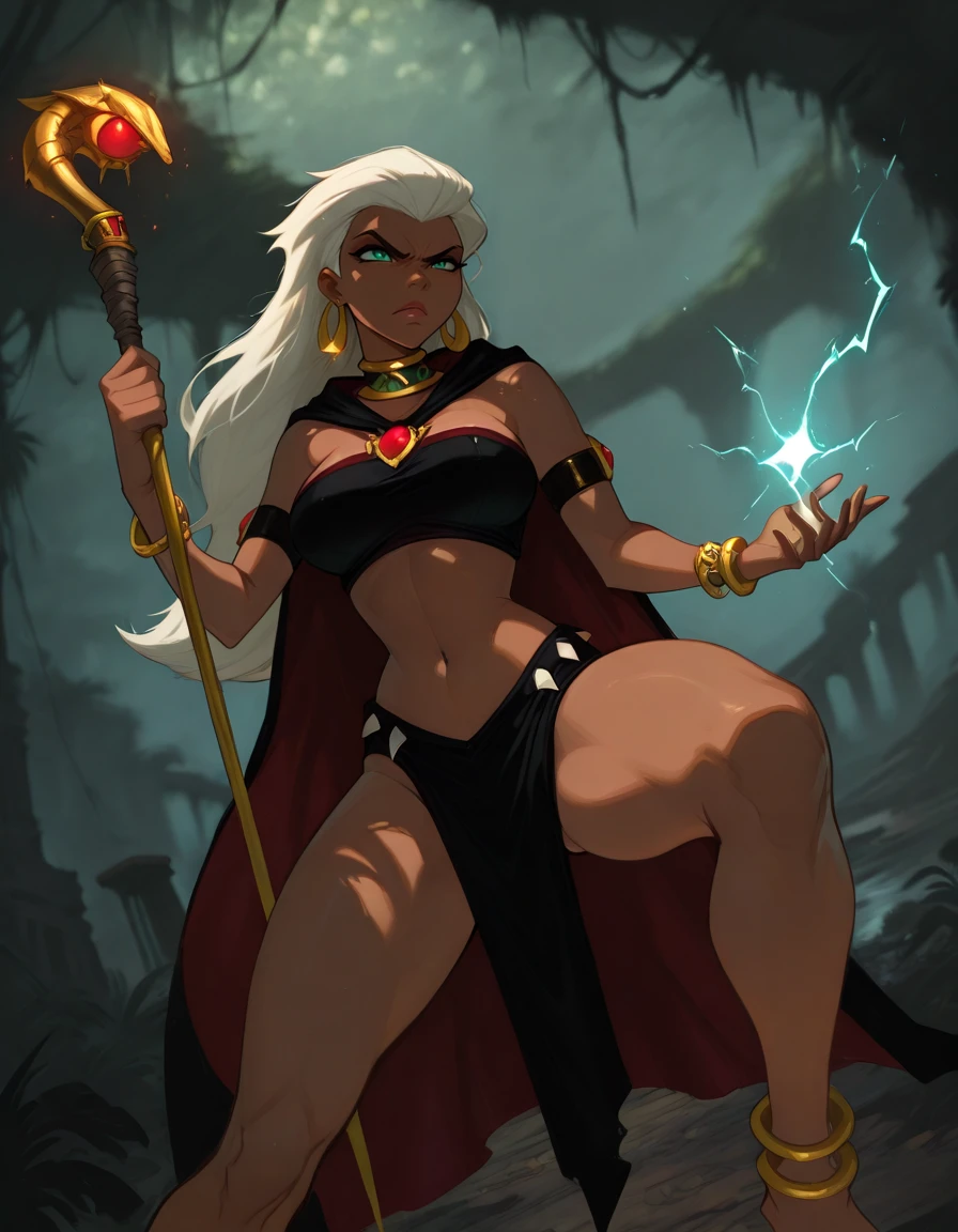 masterpiece, best quality, 1girl, solo, absurdres,
queenladg,
dark skin, white hair, long hair, aqua eyes,
Jewelry, cape, bracelet, neck ring, armlet, earrings,black tube top,black loincloth,
large breasts,
dutch angle ,
angry ,
fighting stance, holding staff, magic, battle, barefooet, electricity,
jungle, ruins,
blurry background,
embedding:SmoothQuality,
