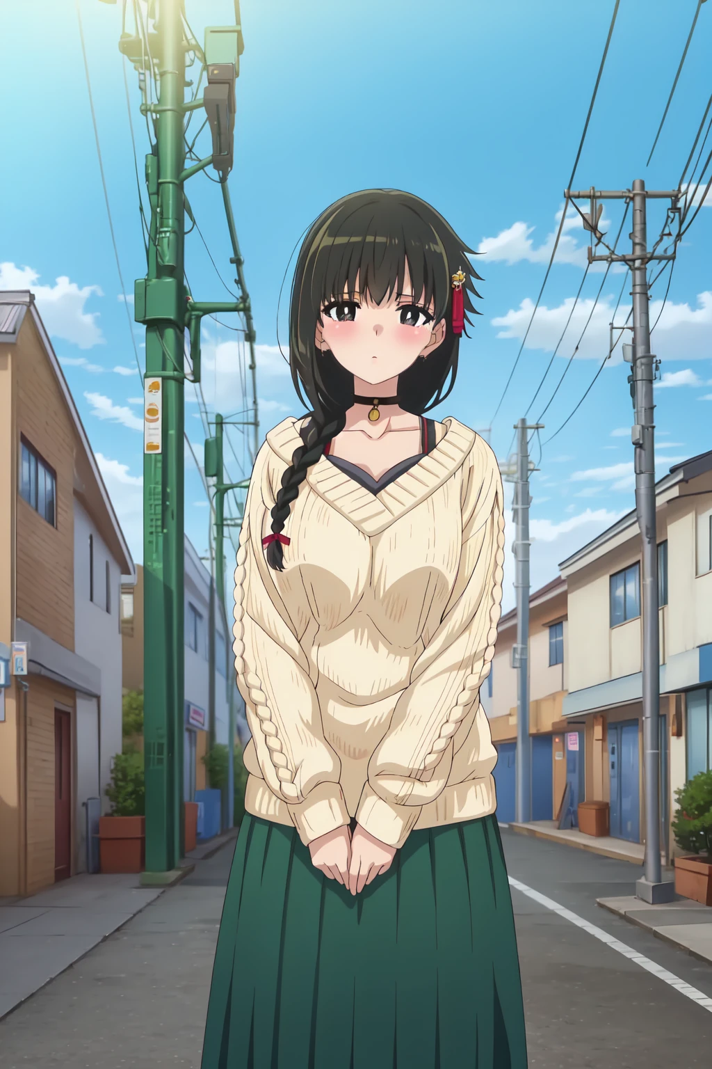 Yuki Yokoya, (8k, HD), 1 girl, alone, long hair, black hair, hair ornament, braid, black eyes, single braid, medium breasts, shoulder length hair, blushing, skirt, outdoors, sky, choker, day, cloud, sweater, blue sky, black choker, building, bright pupils, white sweater, power lines, electricity pole