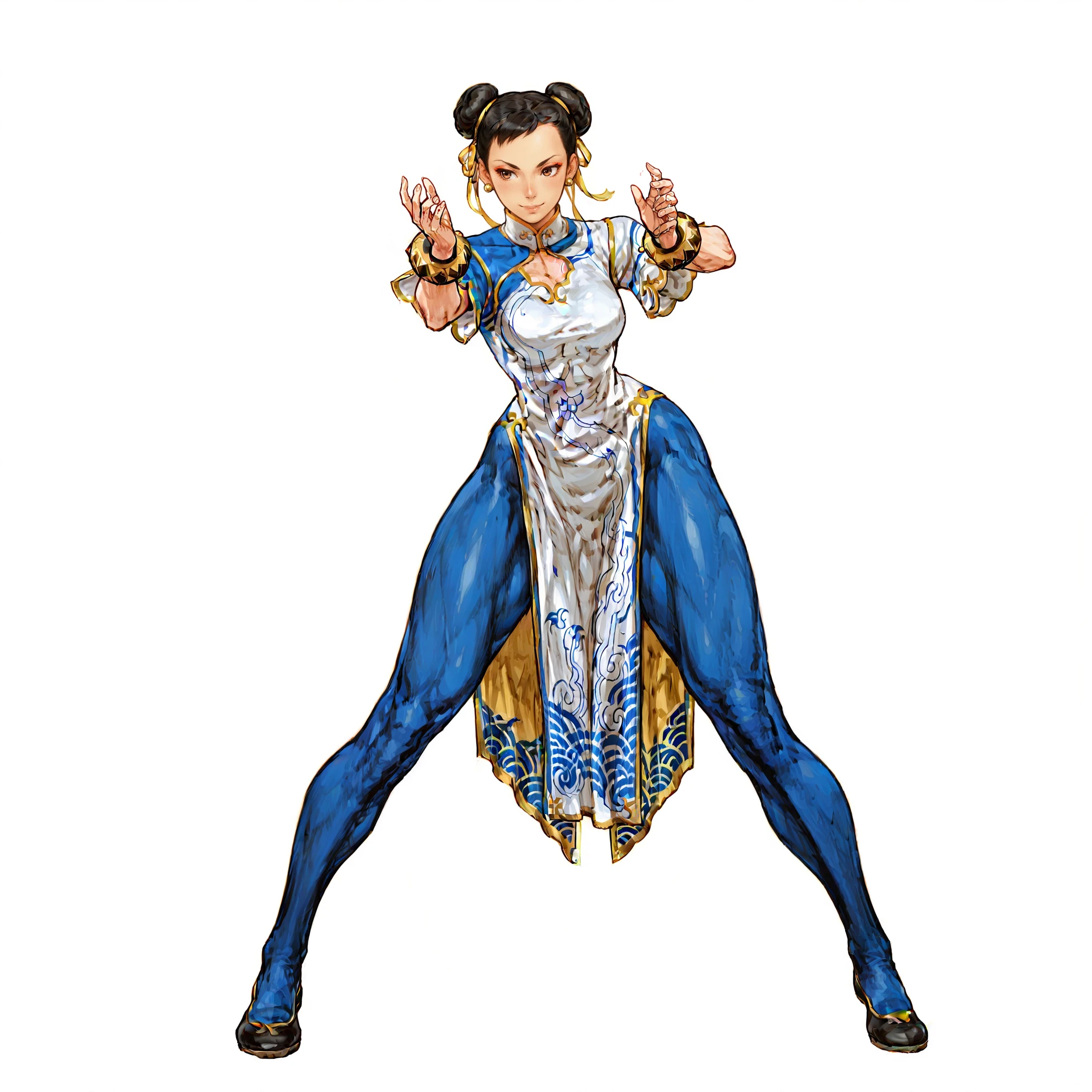 1boy, solo, full body, masterpiece, best_quality, absurdres, perfect quality, high quality , White background, simple background, BREAK
Pretty face, Face details, Dynamic pose .standing pose, BREAK
<lora:Chun-li_SF6_illustrious_Leaf1:0.7> Chun-li_SF6, 1girl, solo, black hair, double bun, brown eyes, || china dress, blue pantyhose, || bracelet || black footwear,BREAK
<lora:Capcom_Vs_SNK_-_Kinu_Nishimura:1> kinu shimura, Kinu, jpeg