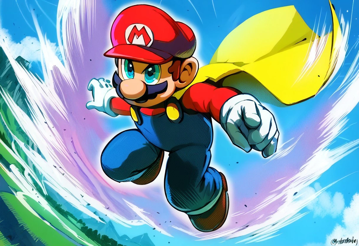 score_9, score_8_up, score_7_up
, masterpiece, beautiful, flying,
Kipowerup,BIG KI, giant glowing energy field, sharp jagged energy waves, white aura, stela,aura trail, energy trail, head focus, top view,
,ITMario,cartoon-style,red hat,red long-sleeved shirt, blue overalls, moustache, round nose, brown shoes, white gloves, yellow buttons, brown hair, blue eyes, short hair,, jumping, mid air, cape, cape flow, yellow cape,