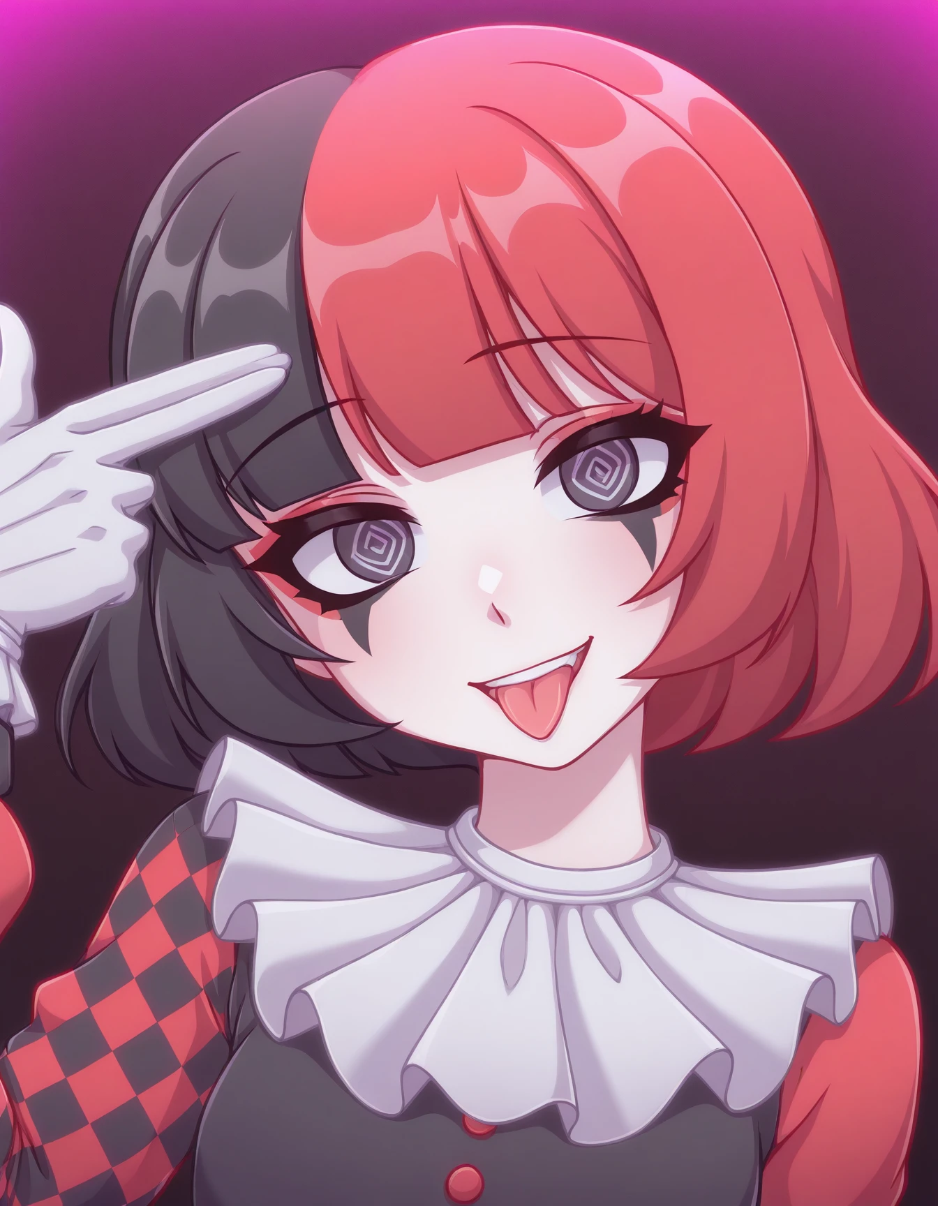 masterpiece, best quality, amazing quality, very aesthetic, high resolution, solo
Maf, two tone hair, red hair, black hair, black outfit, white collar, red sleeves, featuring a checkered sleeve, white collar, 1girl, solo, looking at viewer, @_@, hypnosis, vivid color, toxic, tongue out, simple colored background, dark theme, (psychedelic:1.2) theme, abstract background, abstract theme, (finger gun to head, head tilt,:1.3) very awa, masterpiece, highres, absurdres,
<lora:Maf_il:1>