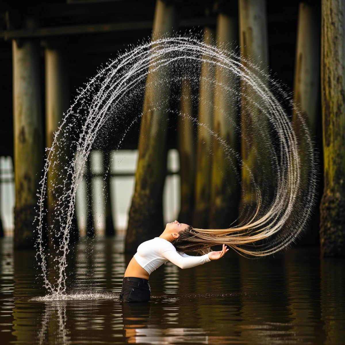 water hair flip.
This image shows a young woman in a white dress and black pants with very long hair standing in water up to her knees.
She is facing away from the camera and has her arms outstretched to the sides.
She is twirling her hair in the water, and the water splashes around her, creating a large splash.
The image is taken at a low angle.
<lora:Aso_water_hair_flip_v1.08:1> water hair flip