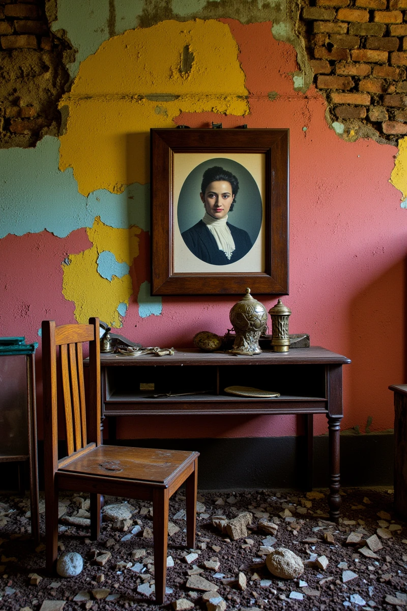 Rust_Decay,Enhanced_Lighting_and_Textures,The image depicts a scene of *********** and decay within a dilapidated room. Against a wall with peeling paint and exposed brickwork, there is a wooden table supporting a framed portrait of a person in formal attire. The portrait is oval-shaped and the subject appears to be from an earlier era, judging by the style of clothing. To the left of the portrait is a simple wooden chair, and to the right, another table cluttered with debris and a broken object that resembles a lamp. The floor is strewn with rubble and the overall atmosphere is one of neglect and the passage of time. The vibrant yet faded colors of the walls contrast with the somber mood, highlighting the room's former liveliness now lost to decay.