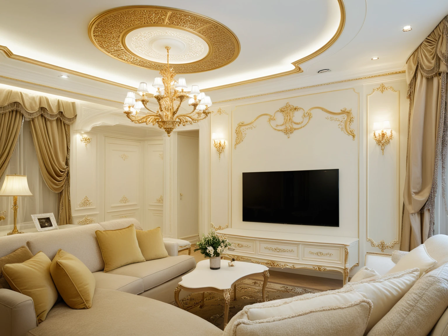 <lora:JJsRococoStyle_XL:1> , (Rococo),((best quality)),((masterpiece)),((realistic)), indoors, no humans, scenery, ceiling light, blanket, painting, still life, carpet, sofa, subject, table, tv, golden_ratio,