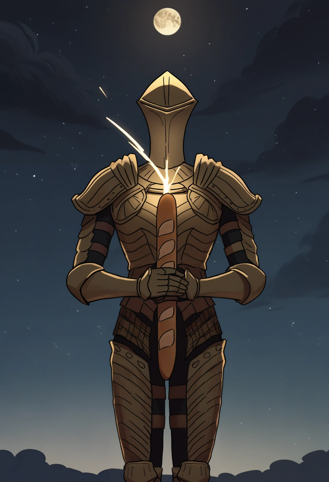 masterpiece, best quality, newest, night, gold moon, dark clouds, star \(sky\), starry sky, outdoors, uielis, 1other, solo, gold helmet, covered face, gold breastplate, gold shoulder armor, gold gauntlets, gold faulds, gold greaves, chainmail, human scabbard, holding baguette, baguette, holding [sword:baguette:0.2], energy, baguette between breasts, two-handed <lora:Ruin Sentinels:1>