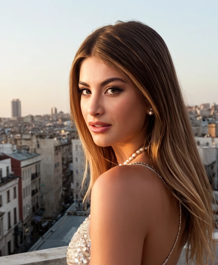 score_7_up, (close-up portrait:1.2) of, <lora:EmmaMuscat:1>, 1girl, realistic, long hair, jewelry, Standing at the edge of a rooftop, she gazes at the city below, her spirit uplifted by the urban energy, masterpiece, (upper body:1.2), best quality, beautiful detailed eyes, looking at viewer, f/5.6, Cinematic, lighting