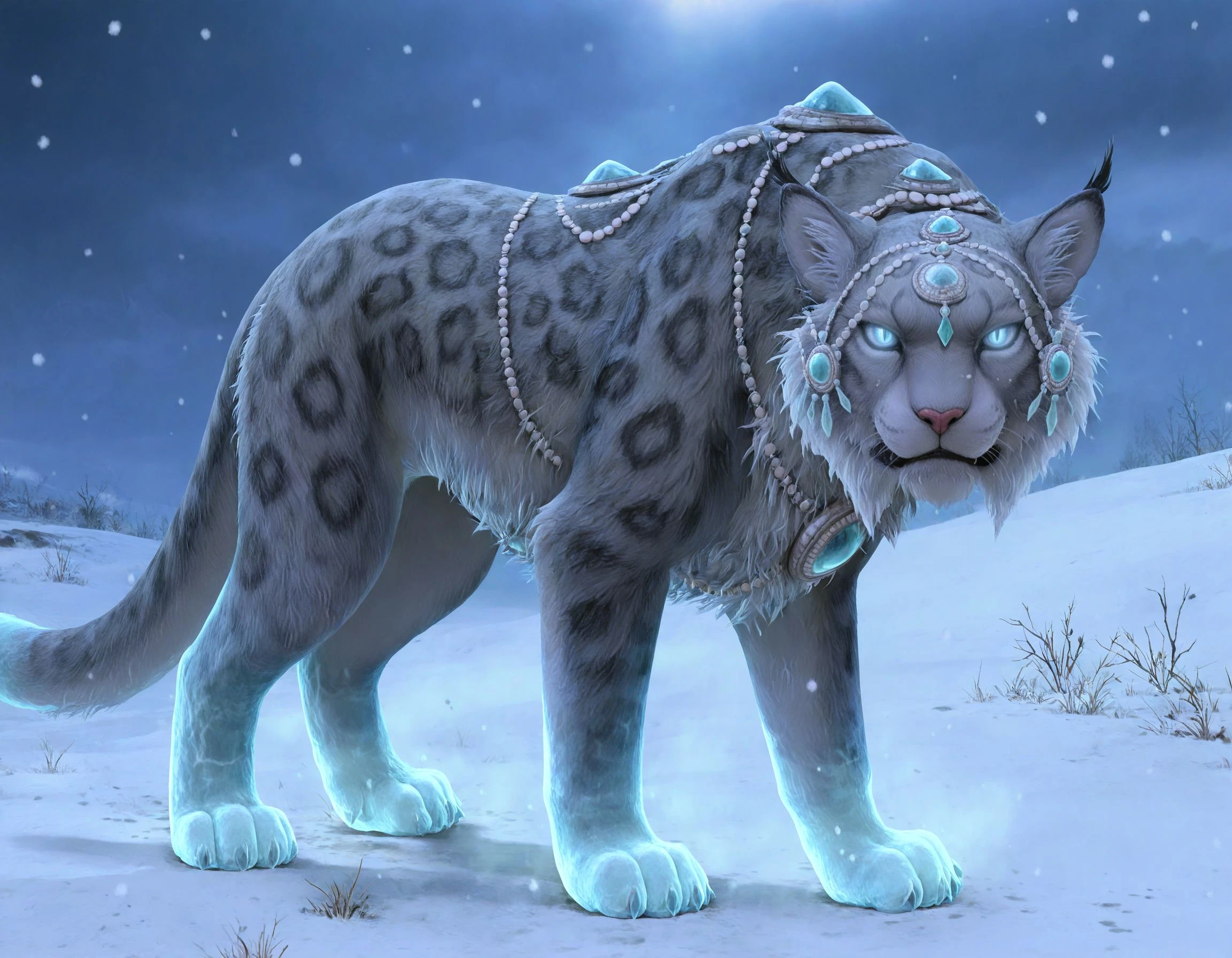 masterpiece, good quality, best quality, 2d, anime, studio ghibli, 
SnowLeopard, animal, solo, no humans, gem, jewelry, serious, slit pupils, glowing eyes, blue eyes,looking at viewer, snow, snowing, blizzard, ice legs,
<lora:SnowLeopard_IL:0.87>