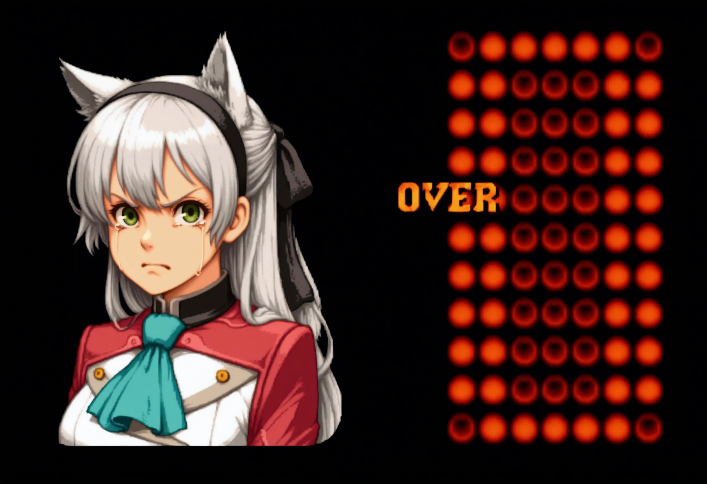 masterpiece, best quality, solo, 1girl, frown, looking at viewer, <lora:SF2-GameOver-illus_Fp:1>, numbered, black background, number, english text, <lora:elie-illu-nvwls-v1:1>, zrelie, grey hair, long hair, half updo, green eyes, black hairband, hair ribbon, white and red uniform, white dress, aqua ascot, animal ears, cat ears, tears,