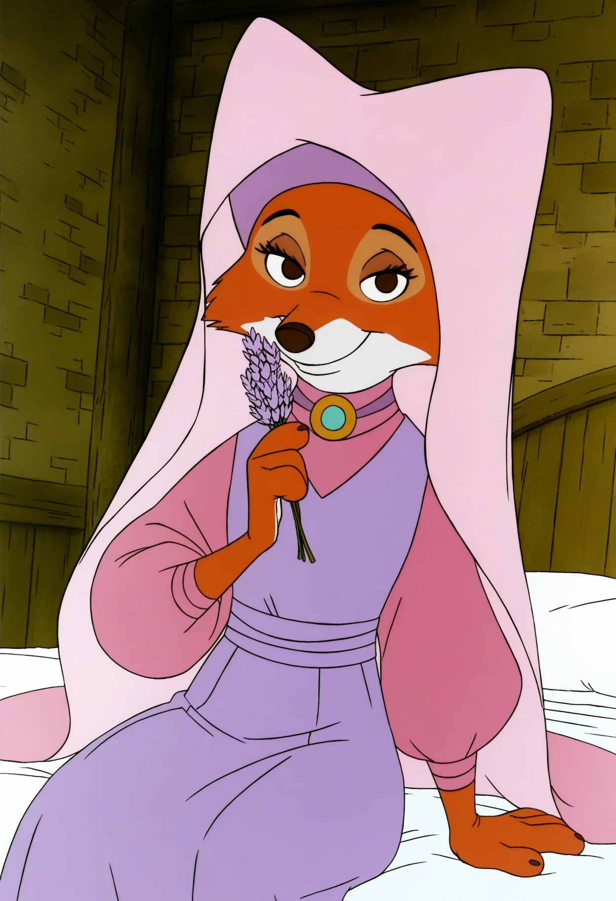 anime screencap, absurdres, high quality, official style, 1girl, maid marian, furry female, furry, fox girl, animal nose, brown eyes, no pupils, orange fur, two-tone fur, white fur, body fur, snout, lavender dress, pink sleeves, long sleeves, brooch, pink veil, looking at viewer, seductive smile, smile, flower, holding flower, sitting, cowboy shot, dutch angle, indoors, bedroom, bed, <lora:Maid_Marian_Robin_Hood_Illustrious_Edition:1>
