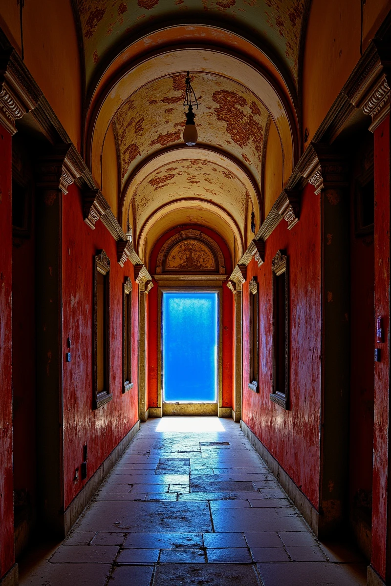 Rust_Decay,Enhanced_Lighting_and_Textures,The image captures a long, abandoned hallway with a striking architectural design. The corridor is lined with a series of doors on either side, each framed by ornate, though weathered, moldings. The walls are painted in a faded red, with peeling paint revealing the passage of time. The ceiling features a series of arches, culminating in a central dome adorned with intricate, though now faded, murals. Sunlight filters through a blue-tinted window at the far end of the hallway, casting a soft glow and creating a contrast between light and shadow. The floor is **** of worn stone tiles, adding to the sense of decay. The overall atmosphere is one of eerie beauty, as the remnants of grandeur hint at the building's former glory.