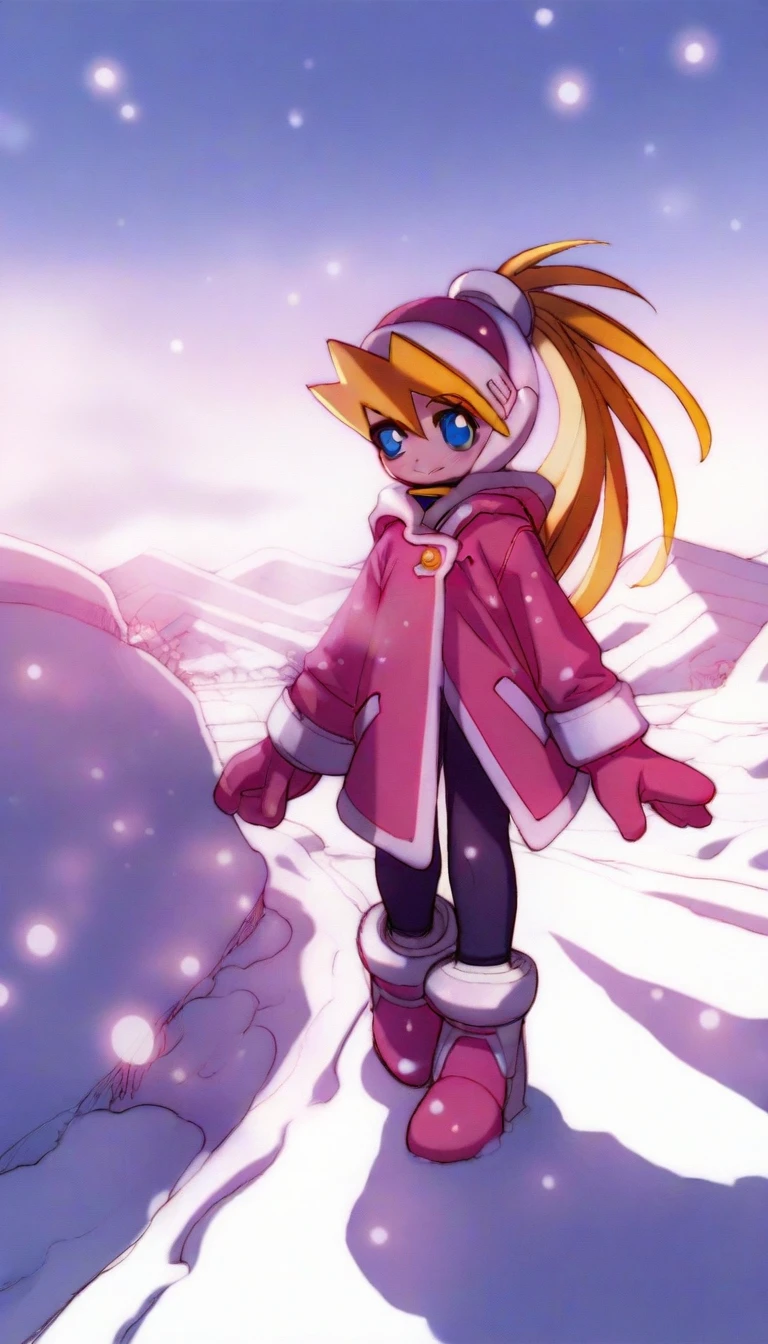 masterpiece,best quality,amazing quality,
<lora:cielIL:1>,
cie1,
1girl,solo,blonde hair,long hair,bangs,ponytail,headdress,blue eyes,
pink coat,pink winter gloves,pink boots,
full body,looking ahead,smile,walking,
soft lighting,light particles,
outdoors,sky,fog,snow,hill,