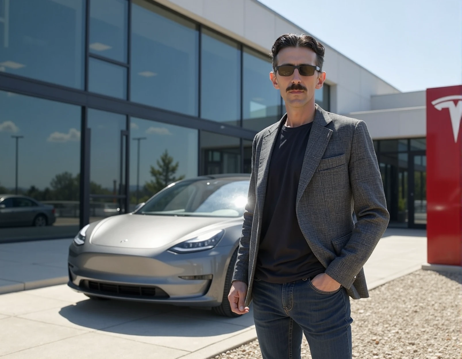 The image is a photograph taken outdoors in a brightly lit, sunny environment. It features Nikola tesla standing confidently next to a sleek, modern Tesla car, which is parked on a paved lot. The man is wearing dark sunglasses. He is dressed in a stylish ensemble consisting of a charcoal grey blazer with a subtle check pattern, a black dress shirt underneath, and dark blue jeans. His blazer is casually unbuttoned, revealing a glimpse of his shirt.
The Tesla car, positioned directly behind him, is a luxurious, futuristic model with a glossy, metallic silver exterior. The Tesla logo is prominently displayed on the front grille, which is sleek and aerodynamic. The car's design is smooth and modern, with sharp lines and a low profile.
In the background, there is a large, reflective glass building with modern architecture, featuring large windows and a clean, minimalist design. To the right of the building, there is a red Tesla sign with the Tesla logo, indicating a Tesla dealership or service center. The ground around the car and the building is covered with small, light-colored pebbles. The overall scene conveys a sense of sophistication and modernity. <lora:Tesla_instantID_OT_ep50:0.9>