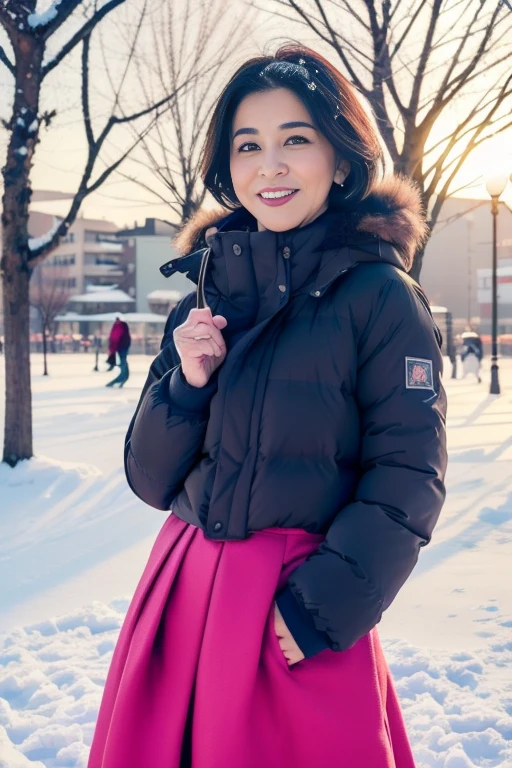 1girl,,(RAW photo, best quality), (realistic, photo-realistic:1.4), masterpiece, an extremely delicate and beautiful, extremely detailed, 2k wallpaper, Amazing, finely detail, extremely detailed CG unity 8k wallpaper, ultra-detailed, highres, soft light, beautiful detailed girl, cinematic lighting,perfect anatomy,slender body
(at a park), (winter scenery),(snow park in the background), Sapporo Odori Park Winter Festival, festival lights (bokeh)
(wearing winter jacket) (long skirt)
(smile) <lora:chest size:-1> (56 years old woman)
<lora:takashimachisako_lora:0.8>