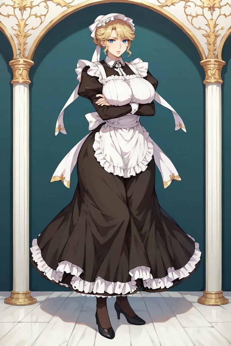 Score_9, Score_8_up, Score_7_up, Score_6_up, Score_anime, 1girl, alone, Victorian Maria, short hair, blonde hair, blue eyes, pink lips, white bonnet, Victorian maid outfit, long sleeves, white ruffled apron, black stockings, black heels, standing, full body, interiors, luxurious mansion, (giant breasts), wide hips, thick thighs, (heavy butt) ,((arms crossed))