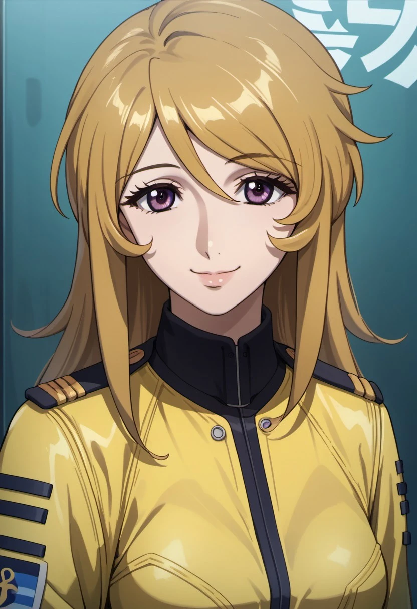 score_9, score_8_up, score_7_up, source_anime,  mori yuki, dirty-blonde hair, long hair, purple eyes, 1girl, solo, uniform, smile, yellow jacket, military uniform, looking at viewer, military