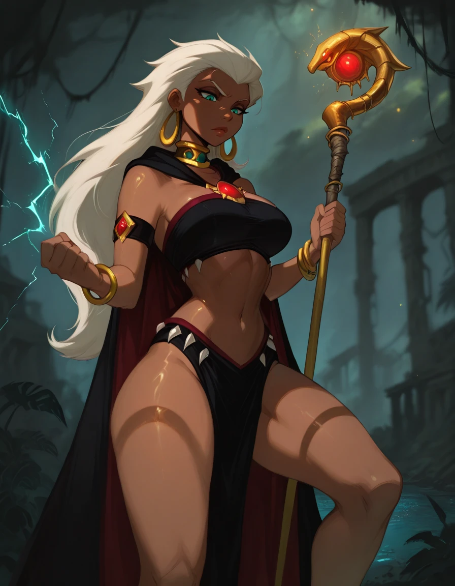 masterpiece, best quality, 1girl, solo, absurdres,
queenladg,
dark skin, white hair, long hair, aqua eyes,
Jewelry, cape, bracelet, neck ring, armlet, earrings,black tube top,black loincloth,
large breasts,
high up ,
looking down ,
fighting stance, holding staff, magic, battle, barefooet, electricity,
jungle, ruins,
blurry background,
embedding:SmoothQuality,