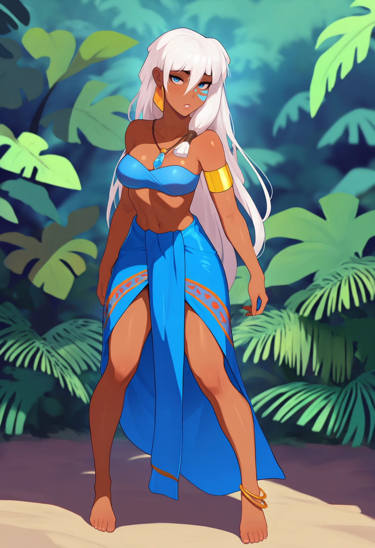 best quality, amazing quality, very aesthetic, absurdres,
1girl, kidagakash, blue eyes, white hair, long hair, dark skin, facial mark,
necklace, earrings, anklet, armlet, blue tube top, blue sarong,
full body, standing, looking at viewer, solo, trees jungle background <lora:KidagakashNoobXL_byKonan:1>