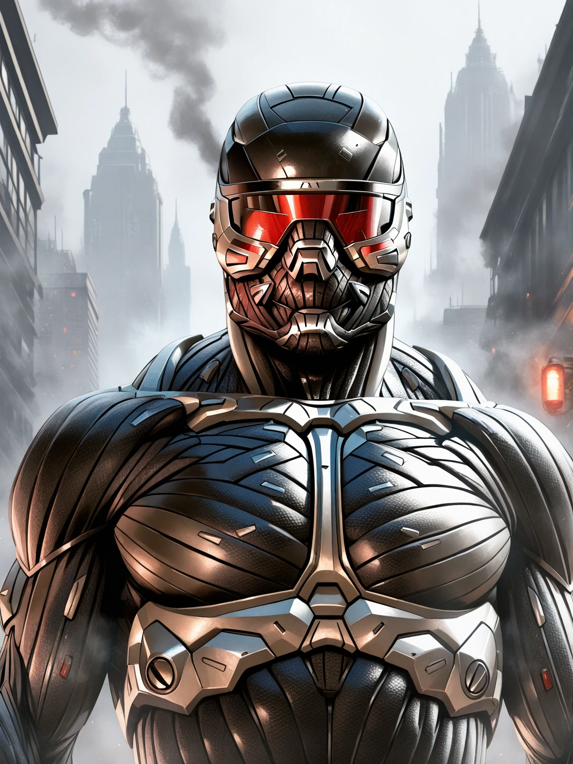 masterpiece, best quality,
edgNanosuit, solo, upper body,glowing, helmet, visor, building, smoke, realistic, power armor, fog ,wearing edgNanosuit_bodysuit,science fiction,mouthpiece,
<lora:edgNanosuitILS:1>