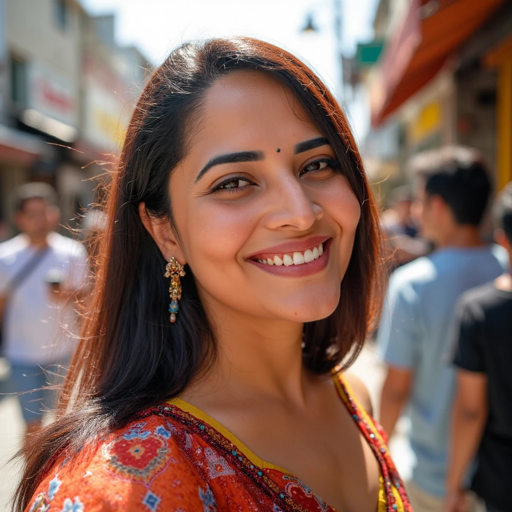 Close-up shot of Anasuya's radiant smile as she gazes directly at the viewer from amidst the bustling city street. Her fashionable modest dress shines in the warm sunlight, with the vibrant colors and intricate patterns drawing attention. Anasuya's eyes sparkle with friendliness, her facial expression inviting and approachable. The street's energy and activity create a lively backdrop, framing Anasuya's pleasant demeanor.