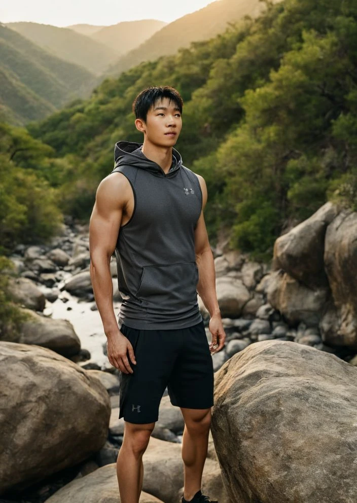 Masterpiece, best quality, high resolution, close up portrait, focus man, Focus only, Young Asian Man, pretty shirtless Sweating hairy guy hiking, Looking down at the camera angle, bleached blonde hair, 25 years old, Hiking and climbing, View from below, dirty, close up, Interesting view., thin and lean body, The face is beautiful, cute and masculine., Beaming, สวมเป้เดินป่าจ็อกสแตรปสีขาวdirty, Spread legs, dirty, Sweating, Hairy legs, thin, half naked, bare chest, There are mountains in the background., hiking trail, outdoor, View from below, amazing composition, HDR, Volumetric light, Special quality, elegant, Highly detailed
