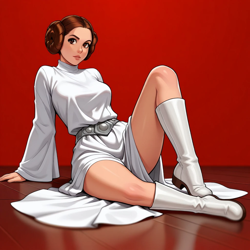 masterpiece, best quality, princessleia, 1girl, solo, brown hair, hair buns, brown eyes, white dress, belt, white boots, on floor, <lora:PrincessLeia_illustrious_Leaf1:1>, looking at viewer, red background, depth of field,