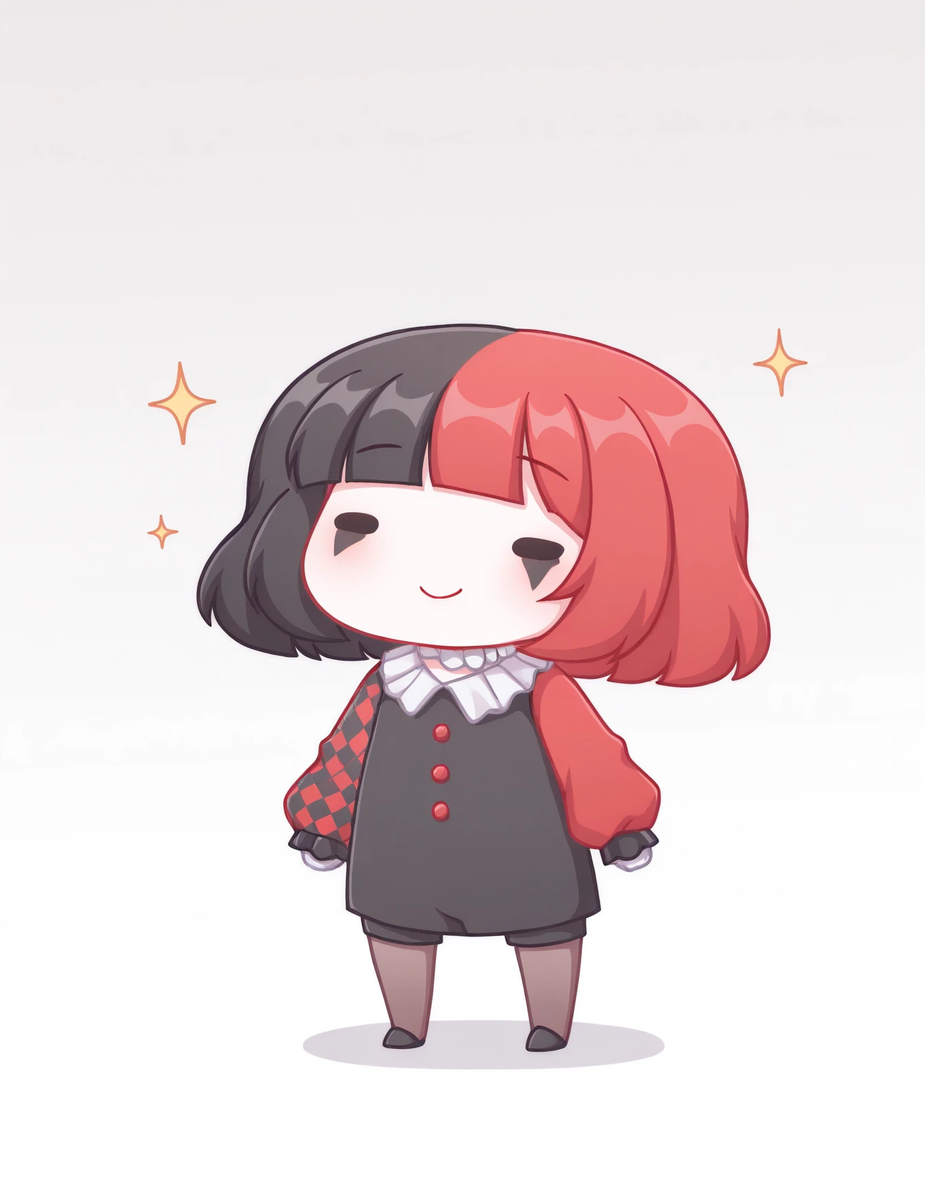 masterpiece, best quality, amazing quality, very aesthetic, high resolution, solo
Maf, two tone hair, red hair, black hair, black outfit, white collar, red sleeves, featuring a checkered sleeve, white collar, chibi, dot eyes, white background, full body, smile
<lora:style_walfie_illustriousXL-GLoRA:1>
<lora:Maf_il:0.9>