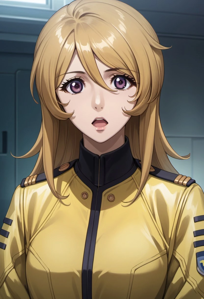 score_9, score_8_up, score_7_up, source_anime, mori yuki, dirty-blonde hair, long hair, purple eyes, 1girl, solo, yellow jacket, open mouth, uniform, looking at viewer, hair between eyes, military, anime coloring, military uniform, jacket