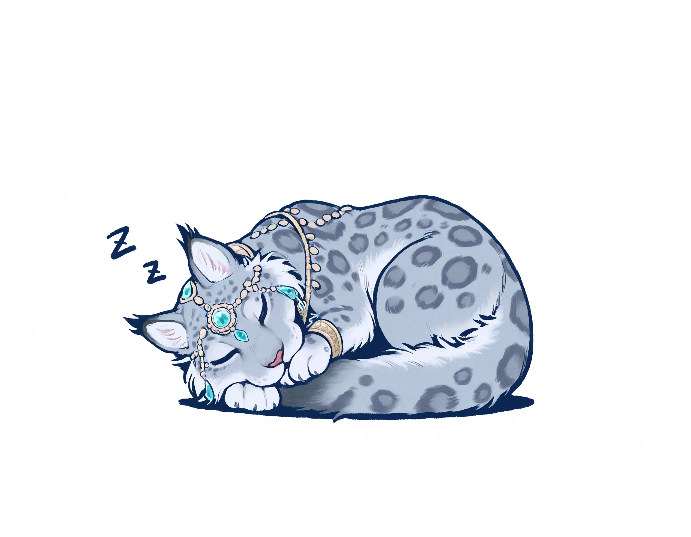 masterpiece, good quality, best quality, 2d, anime, blank background,
SnowLeopard, animal, no humans, chibi, jewelry, gem, sleeping, curled up, zzz, 
<lora:SnowLeopard_IL:0.8>