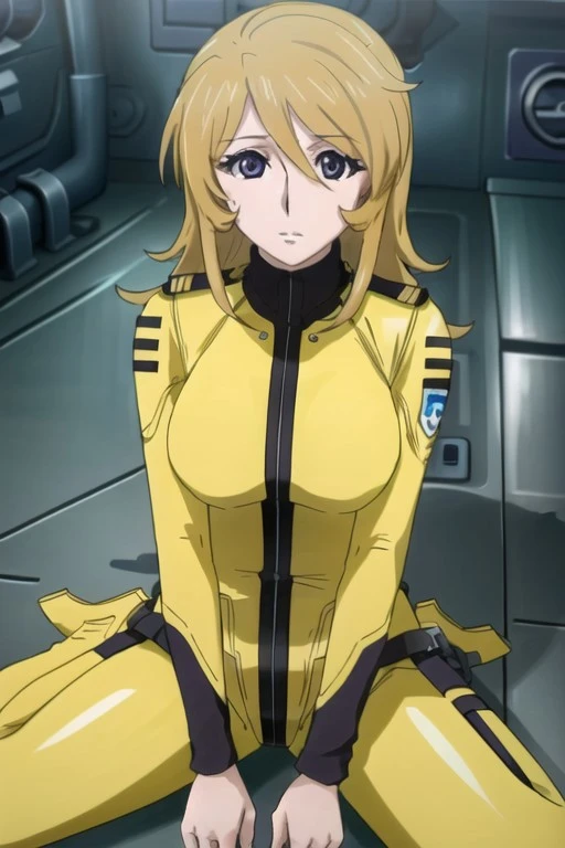 (masterpiece), mori yuki, dirty-blonde hair, long hair, purple eyes, 1girl, yellow bodysuit, solo, bodysuit, uniform, hair between eyes, looking at viewer, sitting