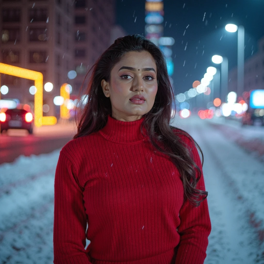 gima_ashi Garima Chaurasia, high resolution cinematic still, high resolution image, high resolution image of a beautiful woman wearing a red sweater on a winter night, street lights and snowfall, street photography, inspiration from renowned photographers like Annie Leibovitz, high resolution, studio lighting, medium telephoto lens, front view, detail-oriented, inspiration from renowned photographers like Annie Leibovitz, high resolution, studio lighting, medium telephoto lens, front view, detail-oriented, RAW photo, highest quality, high detail RAW color photo, professional photo, extremely detailed UHD 8k wallpaper, shot using song a7riv, 48mp shot, (artstation:1.3), low contrast