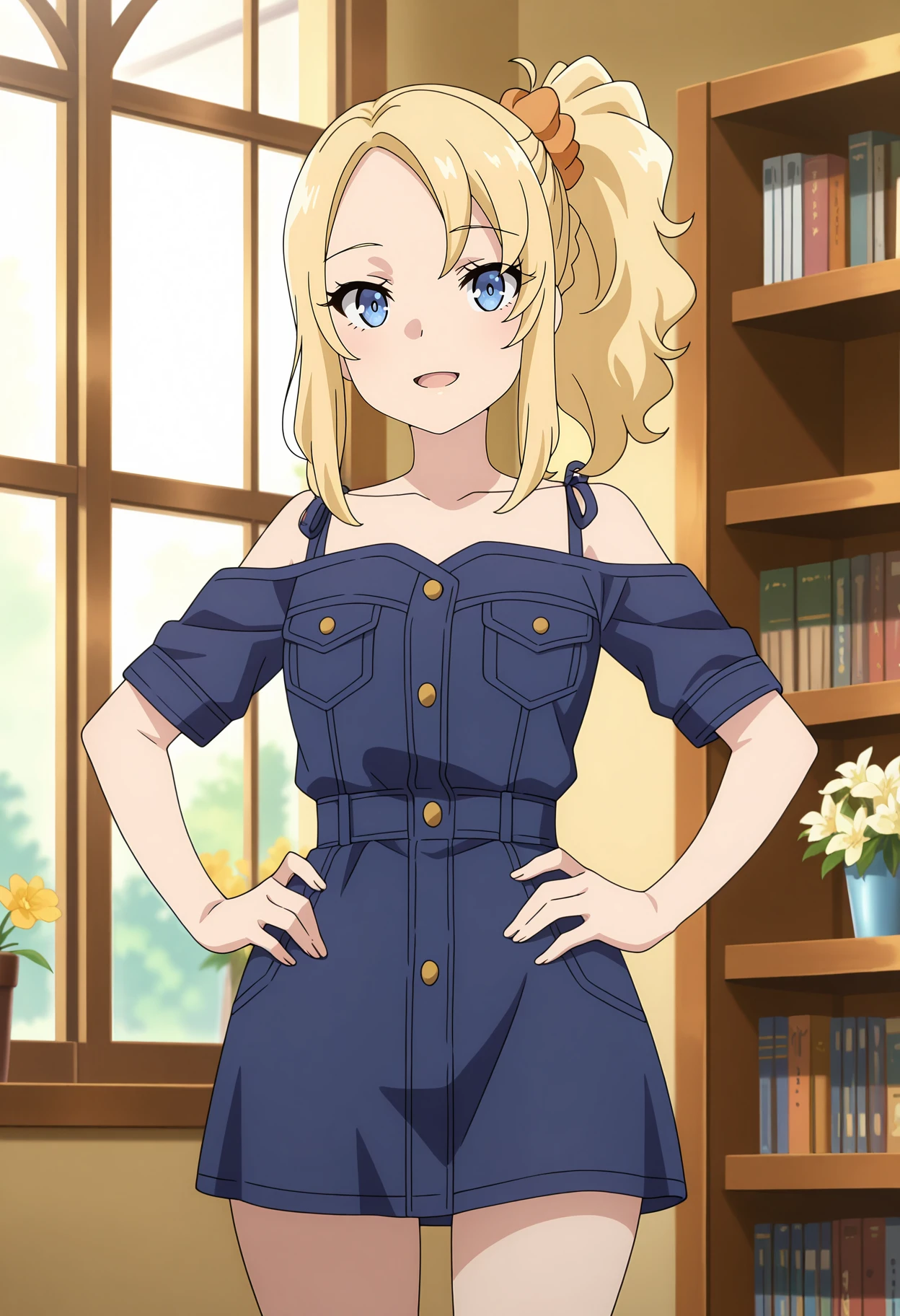 anime screencap, masterpiece, best quality,
<lora:SeishunButaYarou_ToyohamaNodoka_IlluXL:0.9>,
1girl, solo, open mouth, light smile,
side ponytail, blonde hair, blue eyes, parted bangs, hair scrunchie, orange scrunchie,
NodokaDress, off-shoulder dress, blue dress, denim, bare shoulders, short sleeves, short dress,
standing, looking at viewer, hands on own hips, cowboy shot,
blurry background, indoors, flower, window, bookshelf